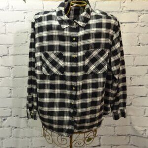 a.n.a Women's Black & White Plaid Flannel Button Down Relaxed Fit Shirt